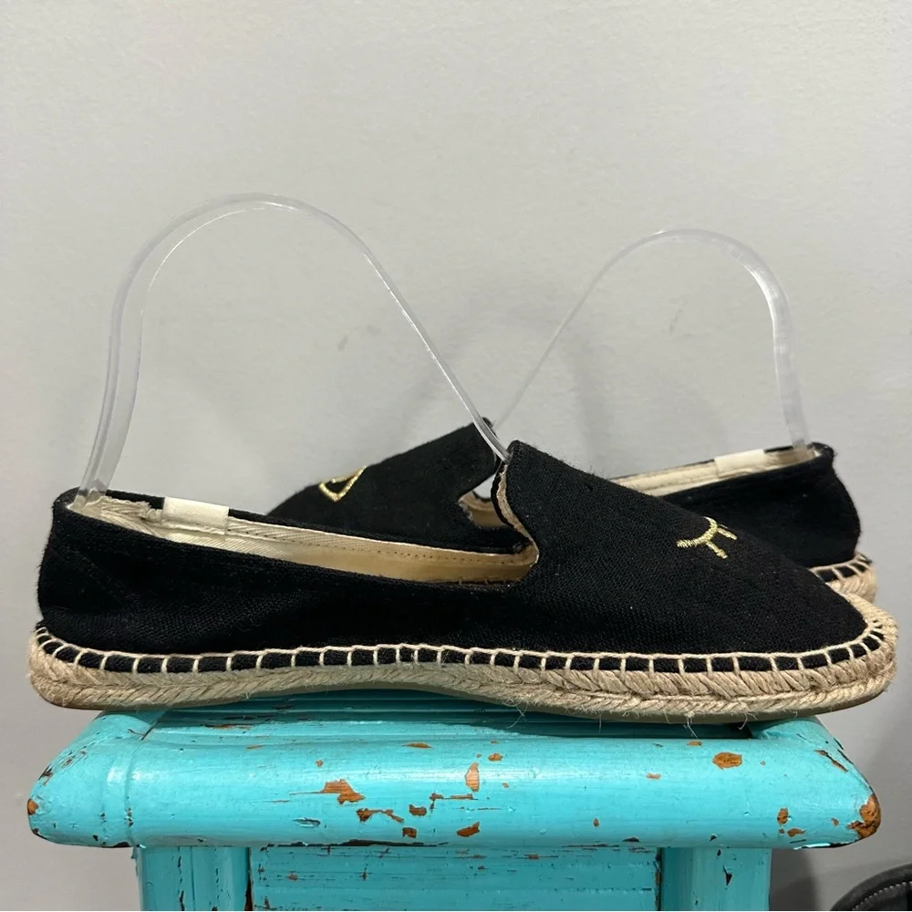Soludos Jason Polan Gold Embroidered Wink Espadrille Black Size 8